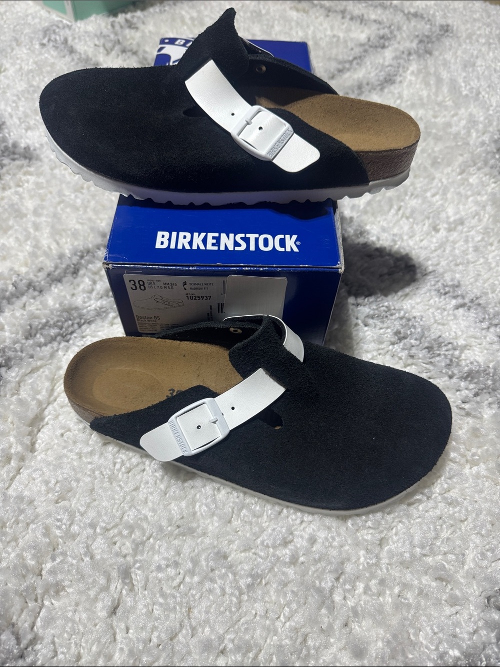 Women’s Boston Birkenstock Black Suede Mule with White Buckle